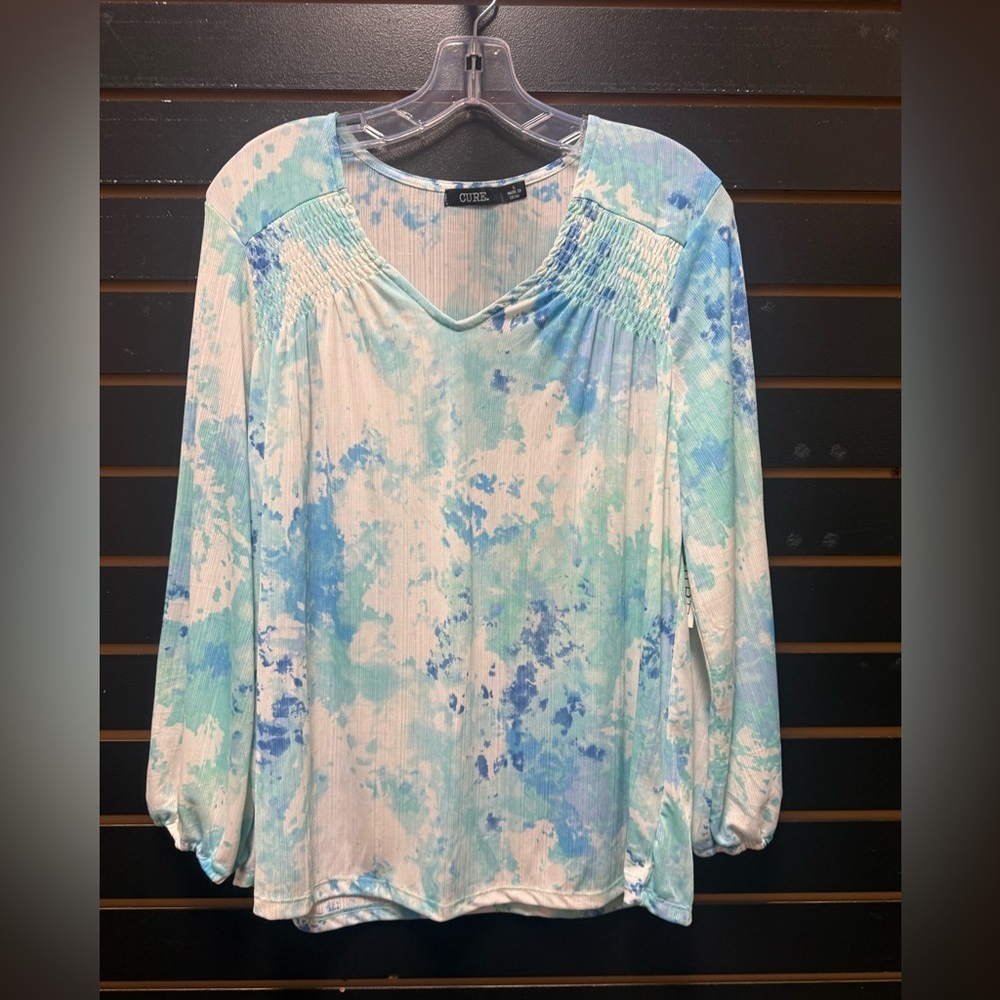 Cure Blue Aqua Tie Dye Smocked V-Neck Long Sleeve Top Size Large
